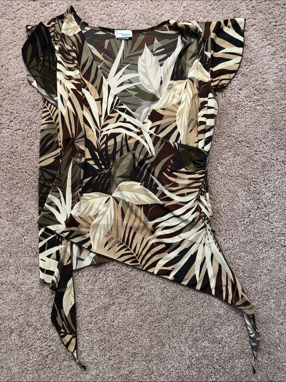 Janette Plus Olive and Brown Leaf Print Wrap Blouse